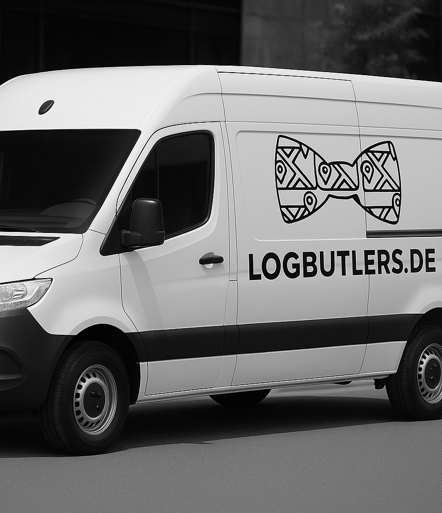 Logbutlers Premium Zwei Personen arbeiten am Tisch an Laptops, eine Person gestikuliert.
