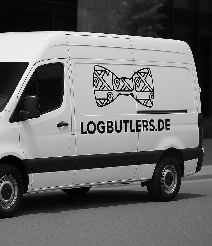 Logbutlers Sprinter Weißer Transporter mit dem Logo und der Webseite logbutlers.de.