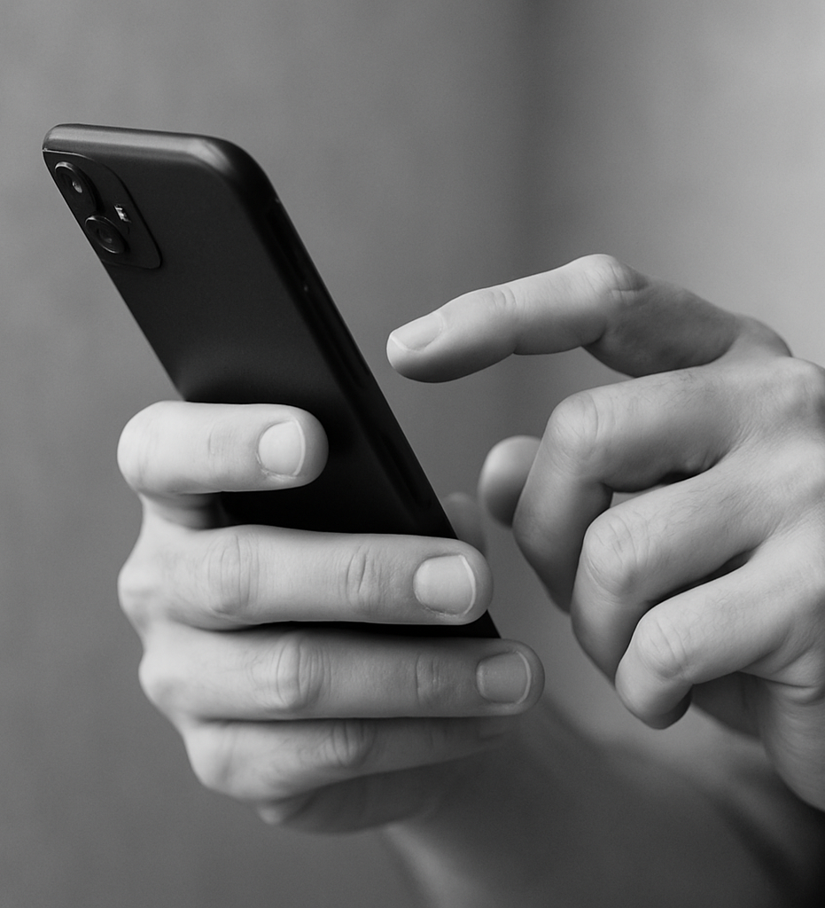 Logbutlers Kontakt Eine Hand tippt auf ein Smartphone in Schwarz-Weiß.