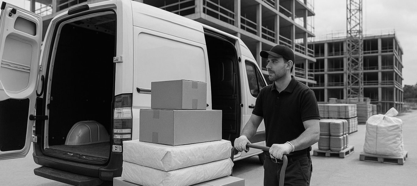 Weißer Lkw steht eng an einer Wand neben einem Müllbehälter.